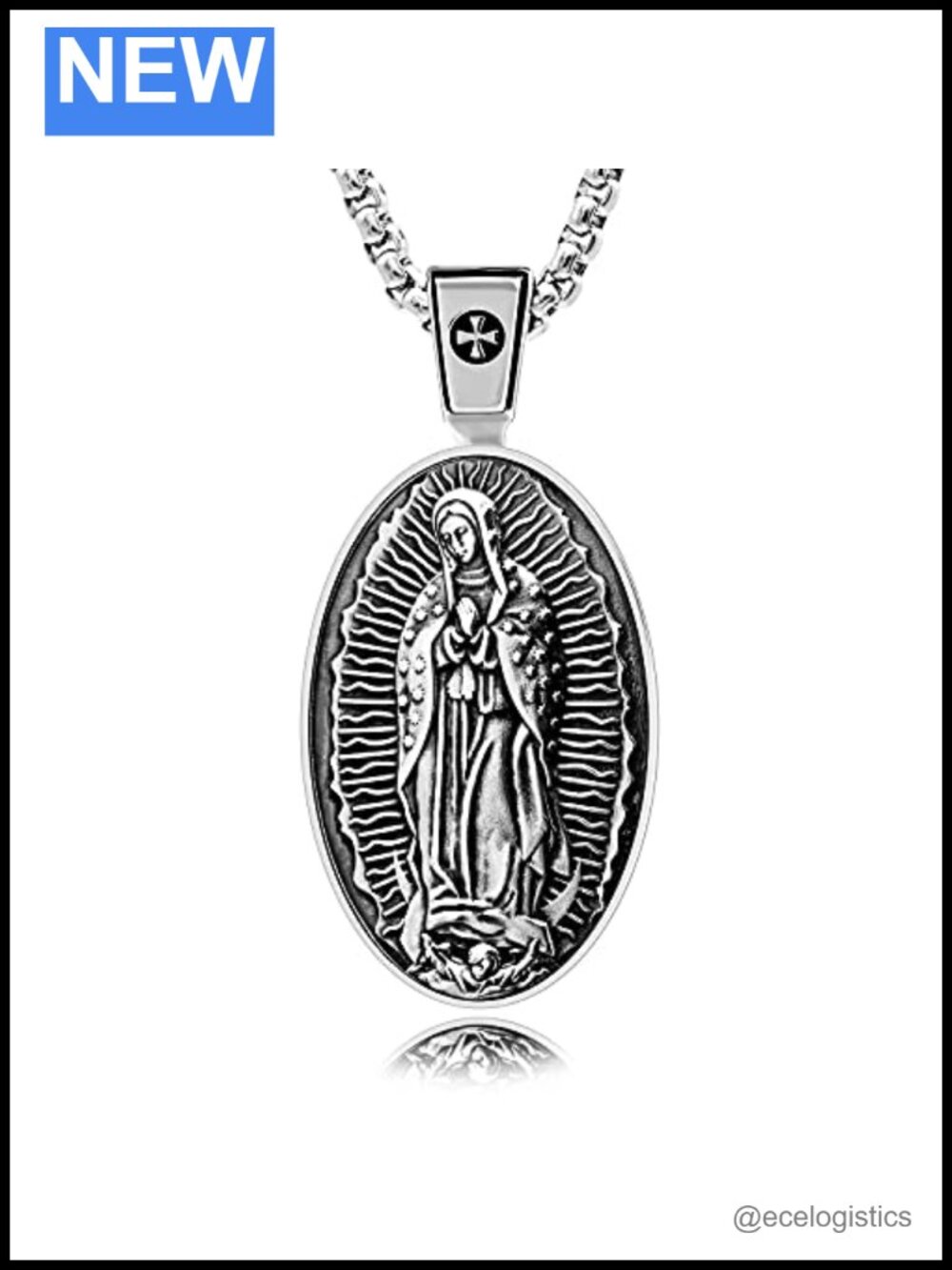 925 Sterling Silver Virgin of Guadalupe Pendant Necklace 24in Box Chain